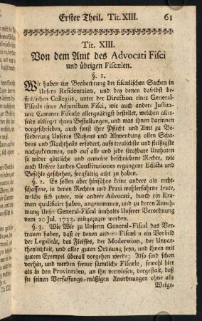 61-84, Tit. XIII. Von dem Amt des Advocati Fisci und übrigen Fiscaelen.