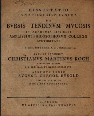 Dissertatio Anatomico-Physica De Bvrsis Tendinvm Mvcosis
