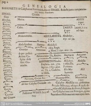 Genealogia Mahometis & Calipharum Veterum in Arabia ex Ismael deducta iuxta computationem Saraceno-Turcicam