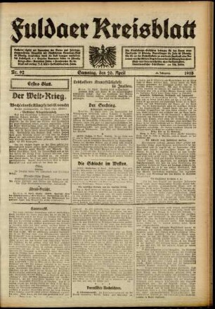 Erste Ausgabe vom Samstag, den 20. April 1918.