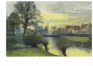 Dorf mit Fluss und Brücke