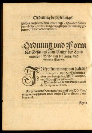 Ordnung und Form des Gesangs zum Ampt der Communion/ Beide auff die Festa/ und gemeinen Sontage.