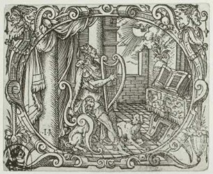 David, die Harfe spielend : Amman, Jost: David, die Harfe spielend. Illustration zur Bibel aus dem Jahr 1571. Holzschnitt; 5,7 x 7,2 cm. Dresden: Kupferstich-Kabinett A 4386 in A 138b, A. 182