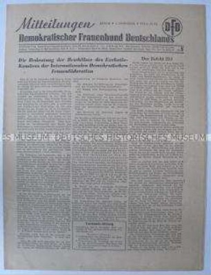 Mitteilungsblatt des Demokratischen Frauenbundes u.a. zur Tagung des Exekutivkomitees der IDFF