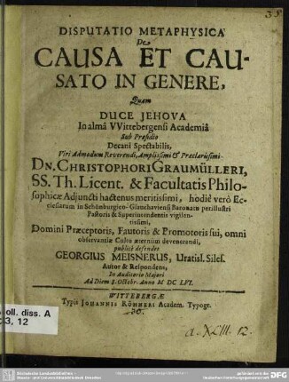 Disputatio Metaphysica De Causa Et Causato In Genere