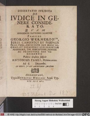 Dissertatio Iuridica De Iudice In Genere Considerato