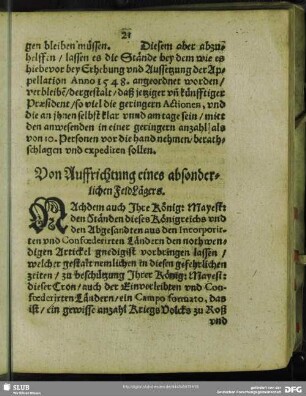 Von Auffrichtung eines absonderlichen FeldLägers