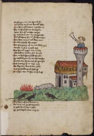 Mäusekinder, Katze am Feuer, ein Mann auf dem Trum eines Gebäudes bläst in ein Horn ; (Von einer Maus und ihren Kindern, Kapitel XLIII nach Pfeiffer)
