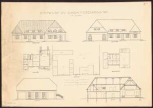Vereinshaus Monatskonkurrenz Dezember 1920: Lageplan 1:400; Grundriss Erdgeschoss, Obergeschoss 1:200; Aufriss Vorderansicht, Gartenansicht, Seitenansicht, Querschnitt 1:100; 3 Maßstabsleisten
