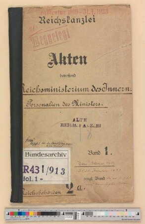 Reichsministerium des Innern. - Personalangelegenheiten des Ministers: Bd. 1
