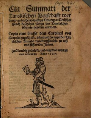 Ein Summari der Türckischen Botschafft werbung, an die Herrschafft zu Venedig ...