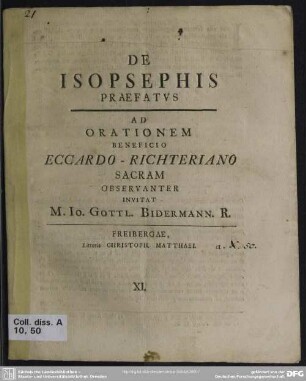 De Isopsephis Praefatus : Ad Orationem Beneficio Eccardo-Richteriano Sacram Observanter