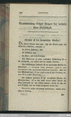 Beantwortung einiger Fragen der hermetischen Gesellschaft