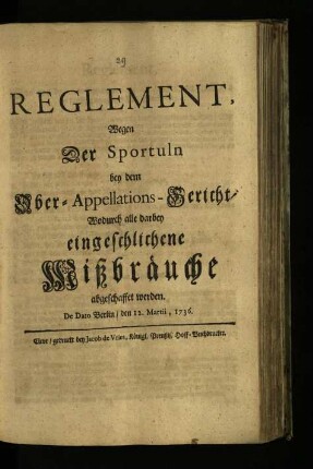 Reglement, Wegen Der Sportuln bey dem Ober-Appellations-Gericht, Wodurch alle darbey eingeschlichene Mißbräuche abgeschaffet werde