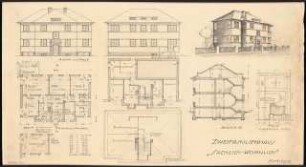 Zweifamilienhaus Monatskonkurrenz Februar 1930: Lageplan 1:500; Grundriss Keller, Erdgeschoss, Obergeschoss (Ausschnitt), Dachgeschoss, Aufriss Straßenansicht, Gartenansicht, Längsschnitt 1:100; perspektivische Ansicht; Maßangaben