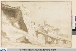 Eine römische Stadtmauer mit schräger Brücke, im Hintergrund Rundtempel