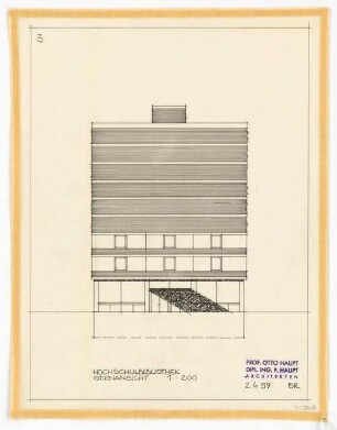 Hochschulbibliothek, Karlsruhe Neubau: Vorprojekt: Neubau der Bibliothek. Stirnansicht, 1:200