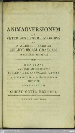 Animadversionum De Veteribus Legum Latoribus Ad Io. Alberti Fabricii Bibliothecam Graecam Speciem Primum