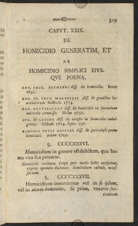 319-345, Caput XXIX. De homicidio generatim et de homicidio simplici eiusque poena.