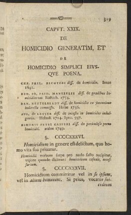 319-345, Caput XXIX. De homicidio generatim et de homicidio simplici eiusque poena.