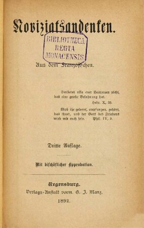 Noviziatsandenken : Aus dem Französischen
