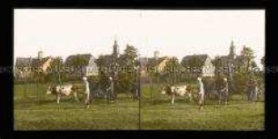 Bauern bei der Heuernte, im Hintergrund Schule, Pfarrhaus und Kirche, Griesbach
