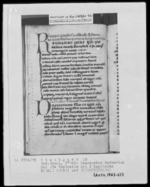 Didymus Alexandrinus, De spiritu sancto und Paschasius Radbertus, De corpore et sanguine Christo — Initalen R(EGIS ADIRE) und D(ILECTISSIMO), Folio 43verso