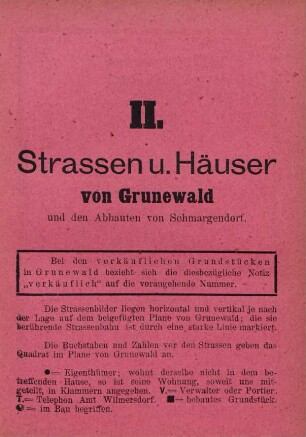 II. Verzeichnis der Strassen und Häuser von Grunewald