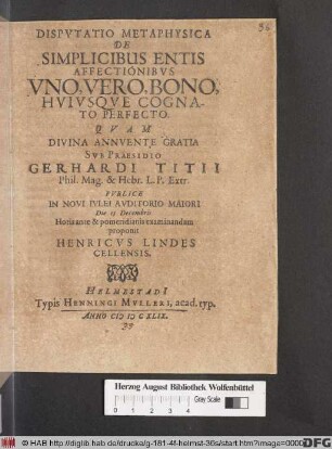 Disputatio Metaphysica De Simplicibus Entis Affecionibus Uno, Vero, Bono, Huiusque Cognato Perfecto