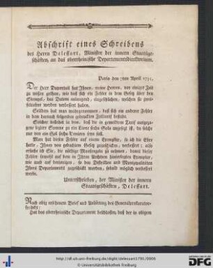 Abschrift eines Schreibens des Herrn Delessart, Minister der innern Staatsgeschäften, an das oberrheinische Departementsdirektorium.