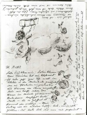 Brief vom 24.4.32 an Walther Klemm und Familie : Orlik, Emil. Brief vom 24.4.32 an Walther Klemm und Familie. 1. Seite. Federzeichnungen, aquarelliert; 27,8 x 21,6 cm. Dresden: SLUB Mscr. Dresd. App. 2344, 142