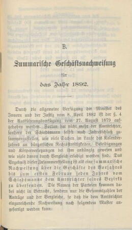 B. Summarische Geschäftsnachweisung für das Jahr 1892