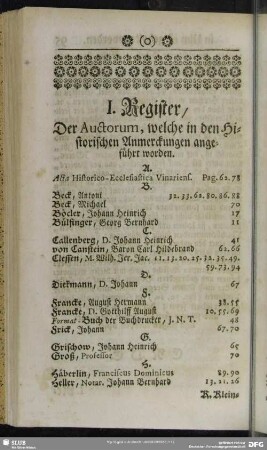I. Register, Der Auctorum, welche in den Historischen Anmerckungen angeführt worden
