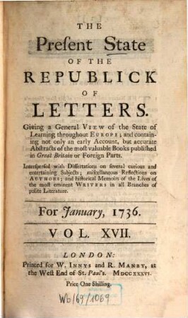 The present state of the republick of letters. 17. 1736, Jan.