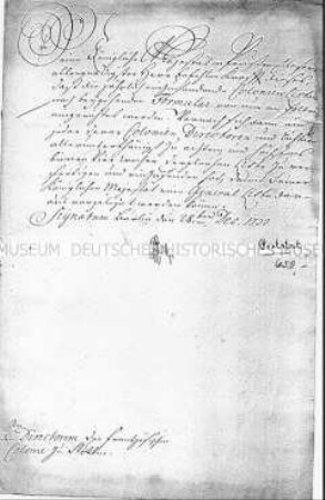 Dekret von Friedrich Wilhelm I. König in Preußen an den Direktor der Französischen Kolonie zu Stettin betreffend die Einreichung von Einwohnerlisten gemäß beiliegendem Beispielformular