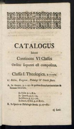 Catalogus hicce Continens VI Classes