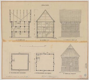 Osterwick (Kreis Coesfeld): Hof Averkamp. Speicher (Grundrisse, Nordwestansicht, Südwestansicht, Schnitte)