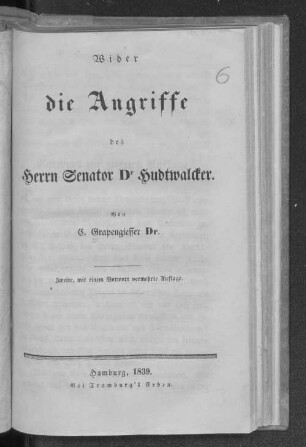 Wider die Angriffe des Herrn Senator Dr. Hudtwalcker