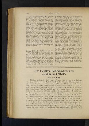 Der Deutsche Bühnenverein und "Bühne und Welt"