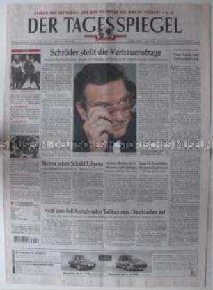 Berliner Tageszeitung "Der Tagesspiegel", mit Titelbericht über die angekündigte Vertrauensfrage von Bundeskanzler Schröder zum Einsatz deutscher Soldaten in Afghanistan
