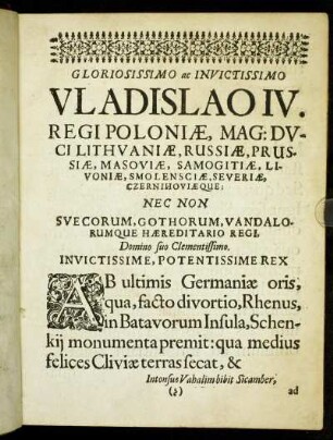 Gloriosissimo ac Invictissimo Vladislao IV. Regi Poloniæ, Russiæ [...]