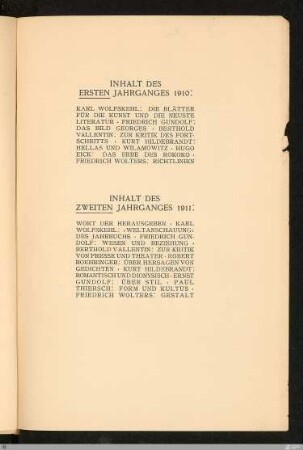 Inhalt des ersten Jahrgangs 1910 : Inhalt des zweiten Jahrgangs 1911