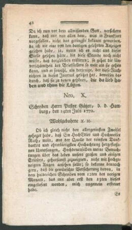Nro. X. Schreiben Herrn Pastor Götzen, d. d. Hamburg, den 14. Julii 1772