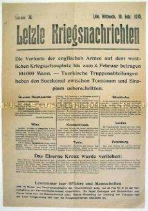 Mitteilungsblatt "Letzte Kriegsnachrichten" mit Kurzmeldungen von verschiedenen Kriegsschauplätzen
