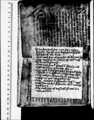 Pergamentmakulatur (Psalter, lat., 13. Jh.), darauf Papierzettel mit Inhaltsangabe von der Hand der Kunigund Niklasin