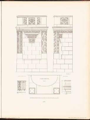 Alsenbrücke, Berlin: Grundriss, Ansicht, Seitenansicht, Details Erker (aus: Neubauten der Stadt Berlin, Bd. II, 1903)