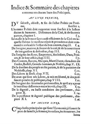 Indice & Sommaire des chapitres contenuz en chacun liure des Politiques.