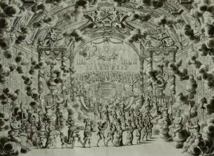 Paris-Ballett. Saal des Jupiter, Götter-Bankett : Harms, Johann Oswald: Königlicher Saal des Jupiter mit Götter-Bankett. Bühnenbild Wolkensaal mit Satyrn und defilierenden Speisenträgern mit Schauessen, "Erste Action" zu "Opera-Ballet Von dem Judicio Paridis, Und der Helenae Raub." Szenenbild wohl zu den Wiederaufführungen 1679. Feder, Tusche, laviert; 367 x 480 mm. Dresden: SLUB Mscr.Dresd.B.70