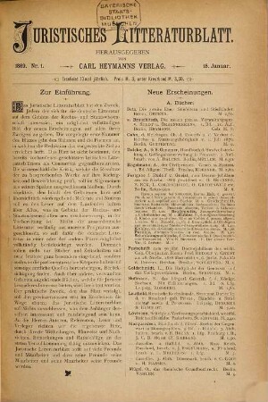 Juristisches Literaturblatt, 1. 1889