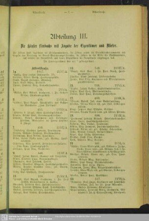 Abteilung III. Häuserbuch : Abteilung III. Die Häuser Limbachs mit Angabe der Eigentümer und Mieter